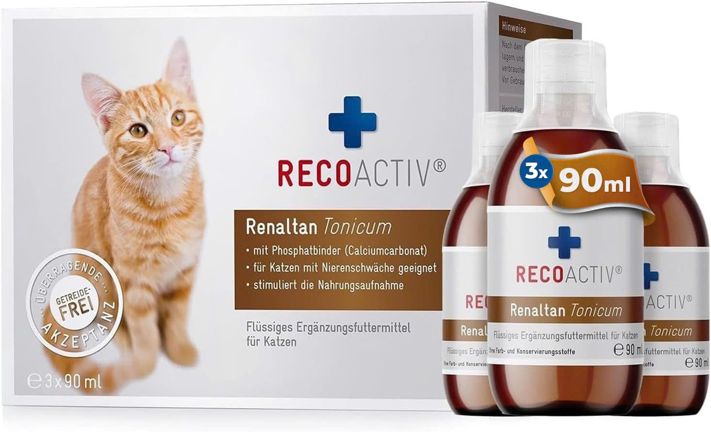RECOACTIV Renaltan Tonicum für Katzen, 3 x 90 ml, mit Phosphatbinder zur Reduktion der Phosphataufnahme aus der Nahrung und Unterstützung der Nierenfunktion, Ergänzungsfuttermittel