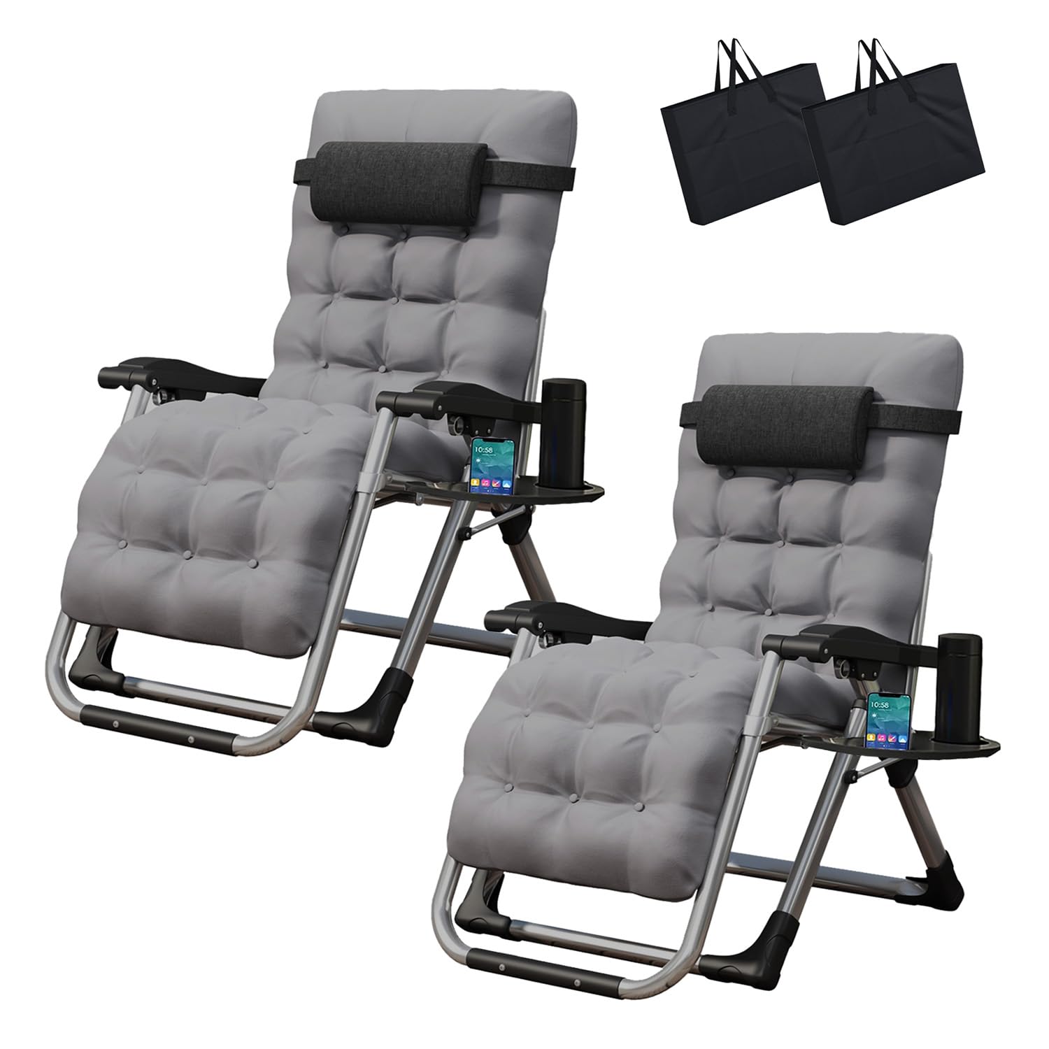 TRIOBLADE Outdoor Reclining Zero Gravity Chair with Cup Holder & Cushion, Adjustable Sun Loungers Folding Recliner Garden Chairs for Patio Garden Beach Support 200kg (Set of 2 Gray)