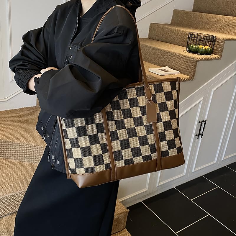 Checkered Tote Bag for Women Vintage Work Bag Fall Tote Handbag Checkered Shoulder Bag for College Work Travel2