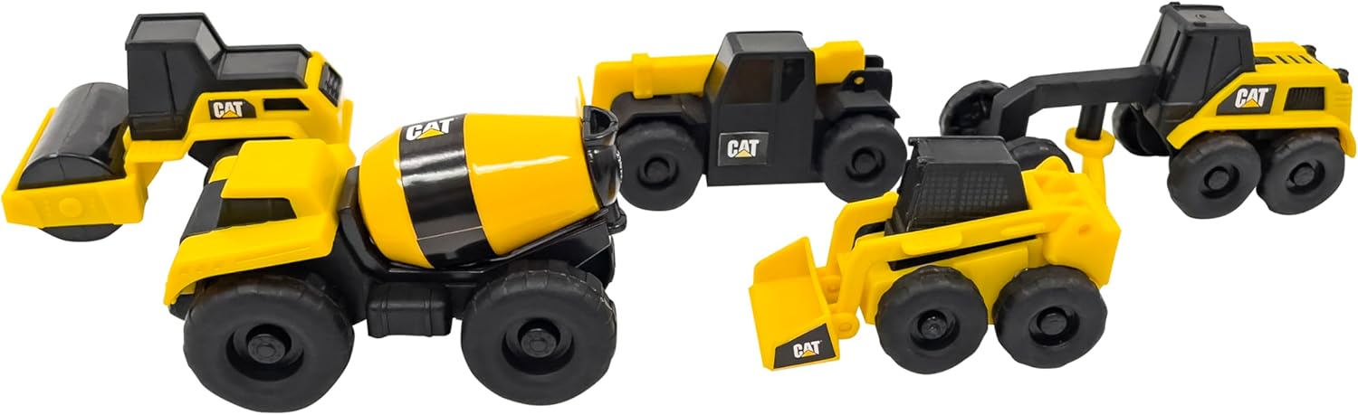 CAT Construction Little Machines 5-Pack – Includes Cement Mixer, Road Roller, Grader, Skid Steer, and Telehandler – 3” Mini Vehicles with Moving Parts – Ideal for Kids Ages 3+