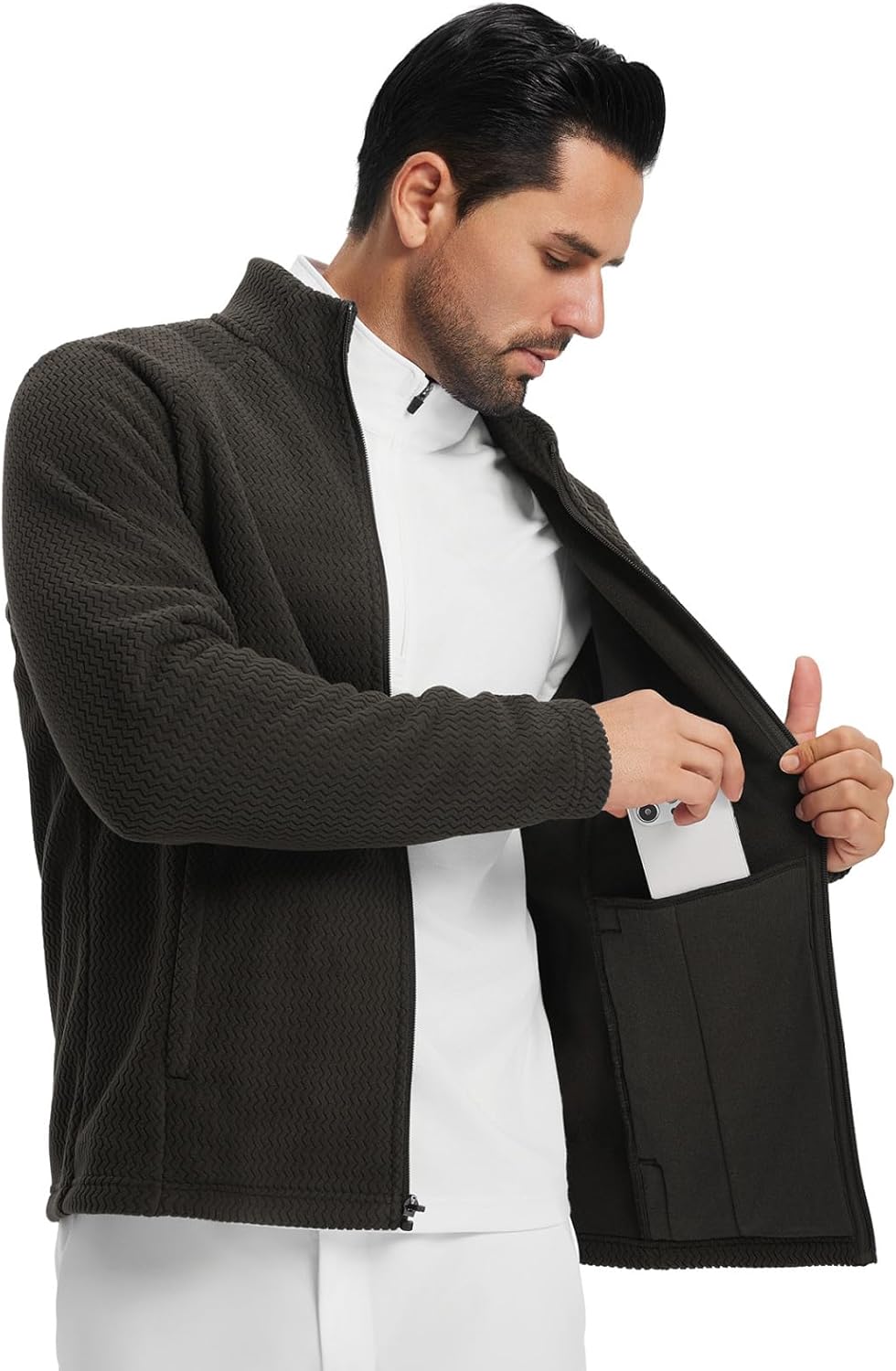 M MAELREG Winter Fleece Jackets for Men Lightweight Stand Collar Fashion Wave Texture Warm Full Zip Mens Coat with Pockets - Image 4