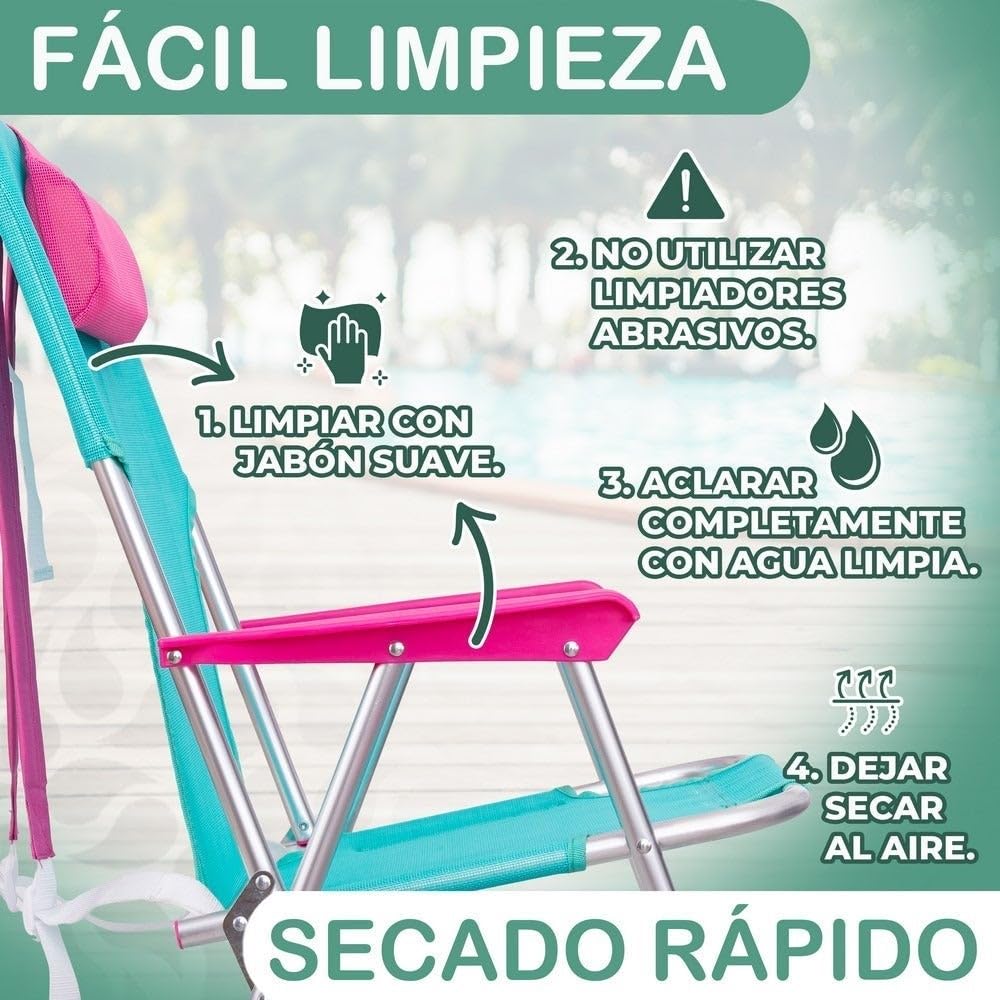 LOLAhome Silla Playa Camping Mochila Junior, Plegable de Aluminio y textileno Aguamarina, Silla Fija de 55x40x71 cm, con cojín Cervical Rosa, Correas Acolchadas y Ajustables