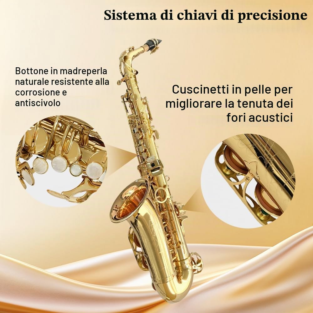 Yinfente Sassofono Contralto in Mi♭ per Principianti Adulti, Sassofono per Studenti, Sassofono Contralto in Mi Bemolle Kit Completo con Ance, Cuscinetti, Custodia Rigida da Trasporto, Panno e Asta per