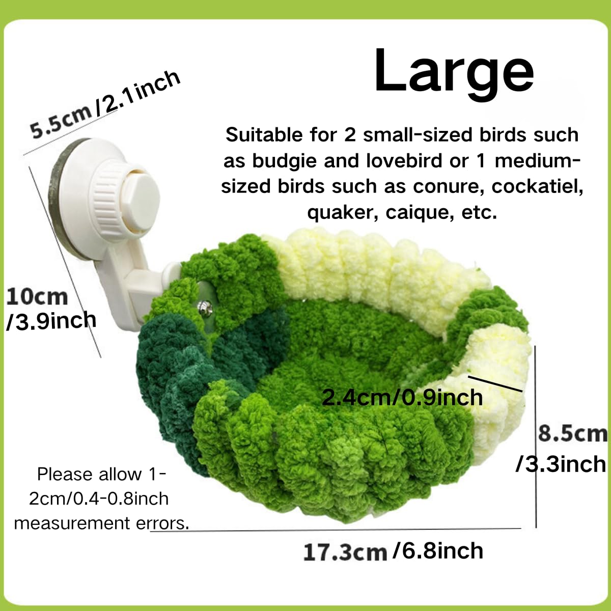 2 in 1 Bird Nest with Removable Suction Cup, Vehicle-Mounted Bird Nest for Travel, Bird Plush Nest for Birdcage, Coral Velvet Warm Nest for Parrot Budgie Lovebird Conure Quaker (Large,Green)