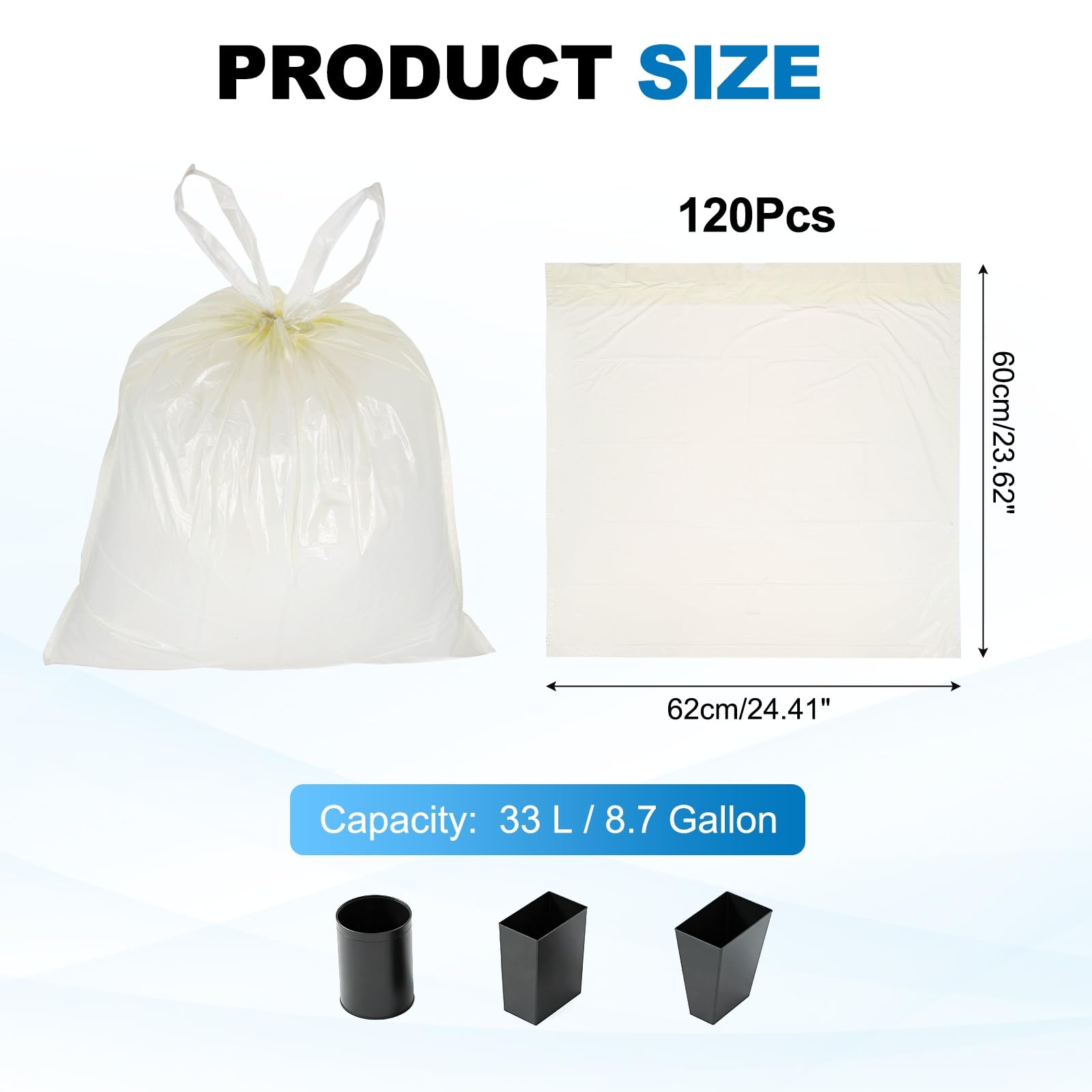 QUARKZMAN 120 Bolsas De Basura Con Cierre De Cordón, 8.7 Galones 24" Bolsas De Desechos, Forros Para Cubos De Basura Sin Aroma Diseño Anti-Roturas Para Hogar Oficina Cocina De Blanco