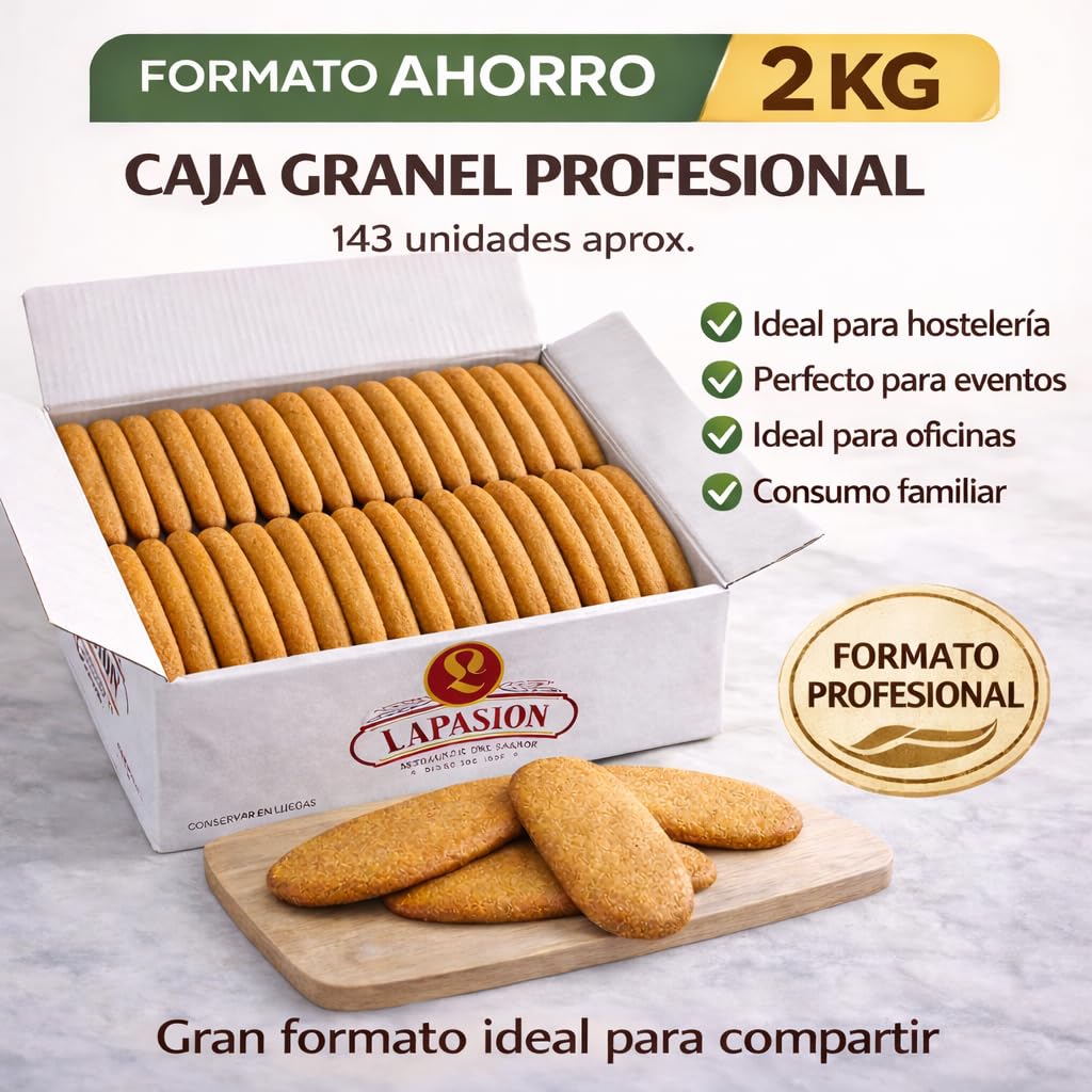 LAPASION - Bizcochos crujientes integrales | Lenguas integrales | Sobaos Tostado | Fuente de fibra | Cereales Integrales | 2 Kg