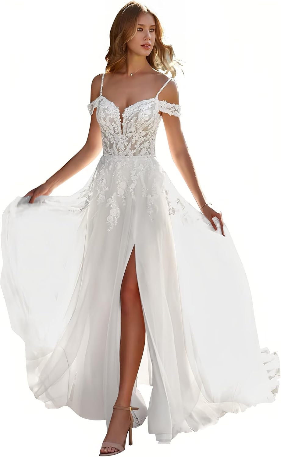 Off Shoulder Tulle Wedding Dress for Bride Lace Applique Spaghetti Straps A-Line Bridal Dress with Train