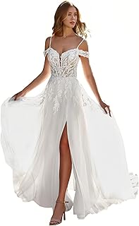 Off Shoulder Tulle Wedding Dress for Bride Lace Applique Spaghetti Straps A-Line Bridal Dress with Train