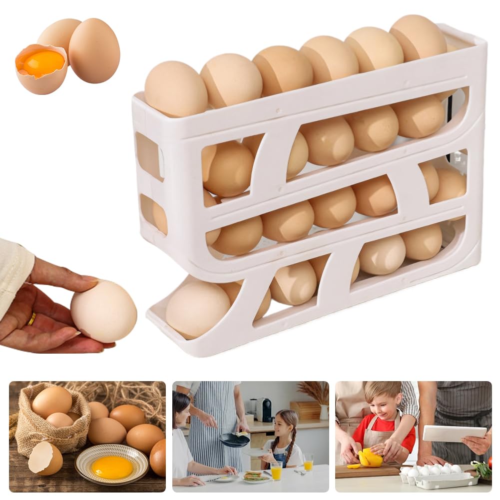 huevera, Dispensador de huevos for refrigerador 4 niveles, gran capacidad, contenedor for ahorrar espacio(White and Grey)