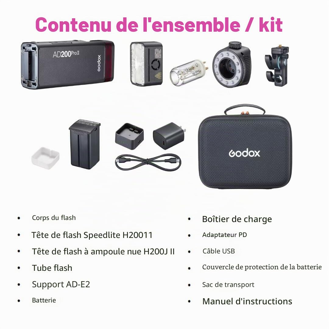 Godox AD200Pro II AD200 Pro II Appareil Photo Flash Flash 200Ws Lampe vidéo LED, TTL 2.4G, HSS 1/8000s, 500 flashs Pleine Puissance, pour la Plupart des appareils Photo (AD200 AD200Pro mis à Niveau)