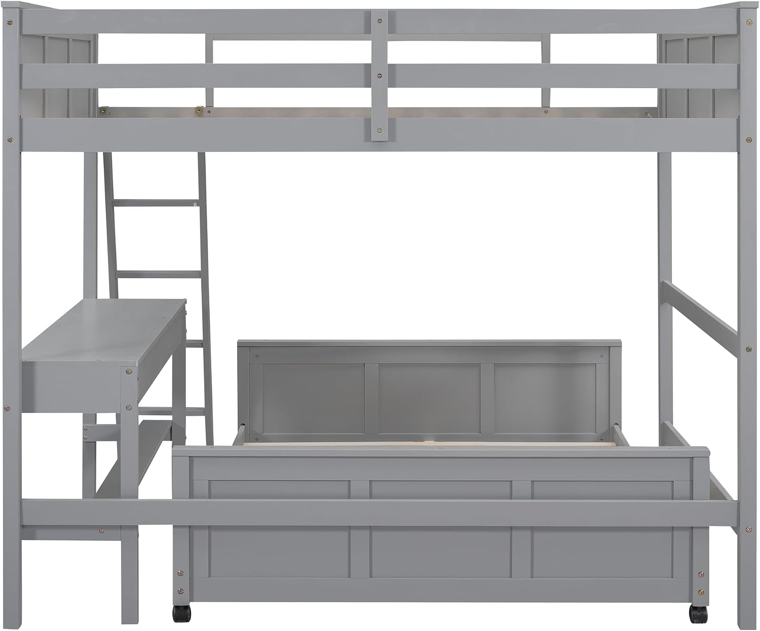 SOFTSEA L-Shaped Bunk Bed with Small Desk Solid Wood Full Over Full Bunk Beds with 4 Wheels