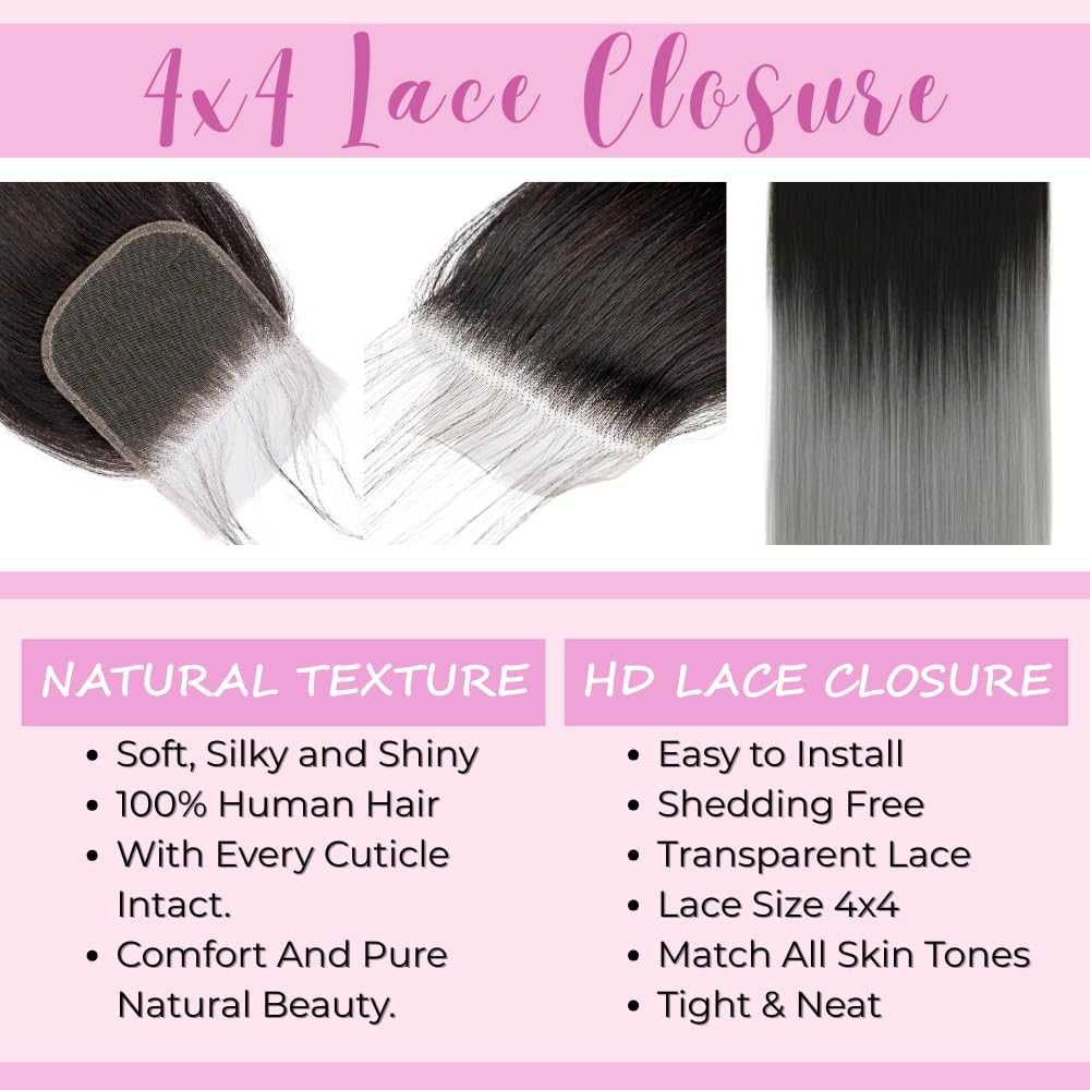 Luxury 4x4 HD Lace Closure Straight – 100% Brazilian Virgin Human Hair, Free Part Silky Straight Closure, T1B/Grey Ombre, 10 Inch, Natural Scalp Look