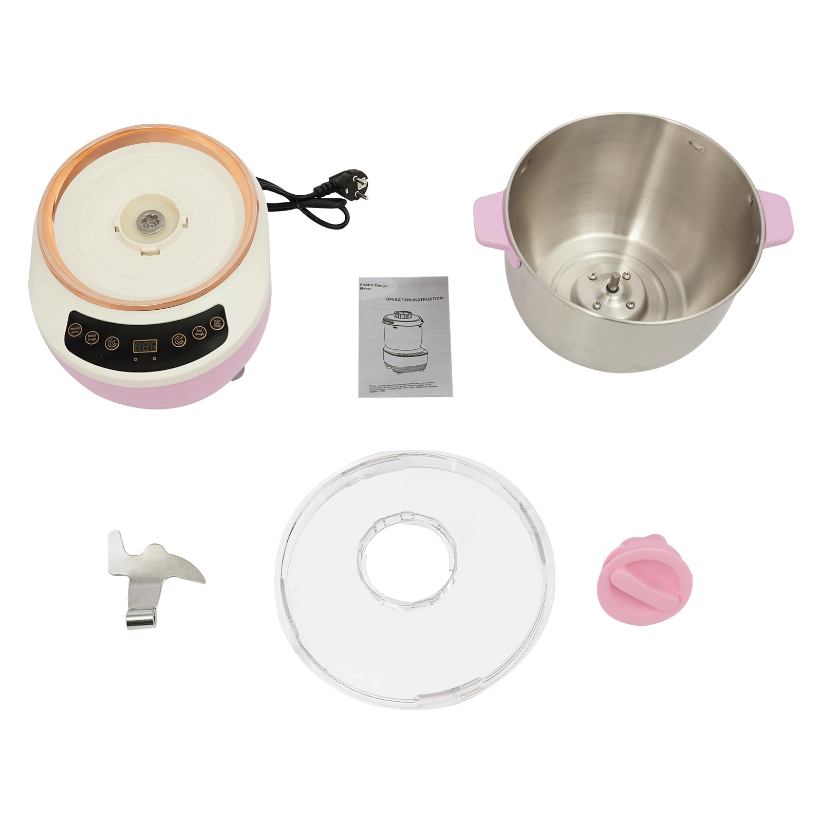 Acero Inoxidable Amasadora Eeléctrica avec Fonction Fermentation | 7 Litros Rosa Maquina de Masa, con Tapa Transparente, Diseño Silencioso, Preparación de Pan y Pasta