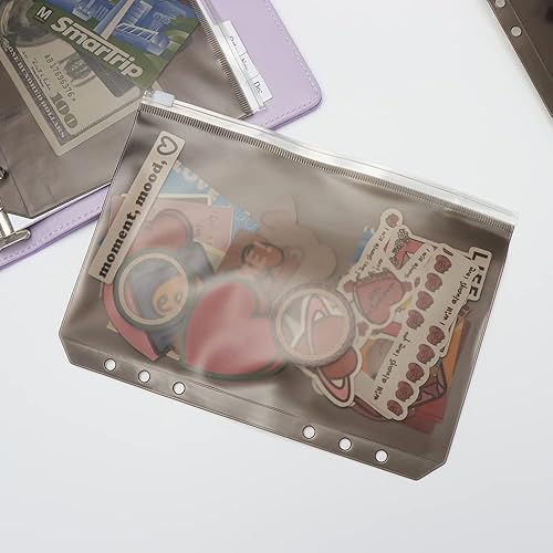 Miniatura 6 de 12 bolsillos A5 de PVC negro con cremallera, hojas sueltas, 6 anillas, organizador de PVC con cremallera para sobres diarios de efectivo, carpetas