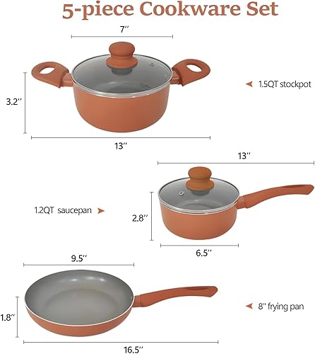 Miniatura 7 de Juego de ollas y sartenes antiadherentes, 5 piezas de utensilios de cocina con revestimiento de cerámica no tóxica con tapas de vidrio templado,