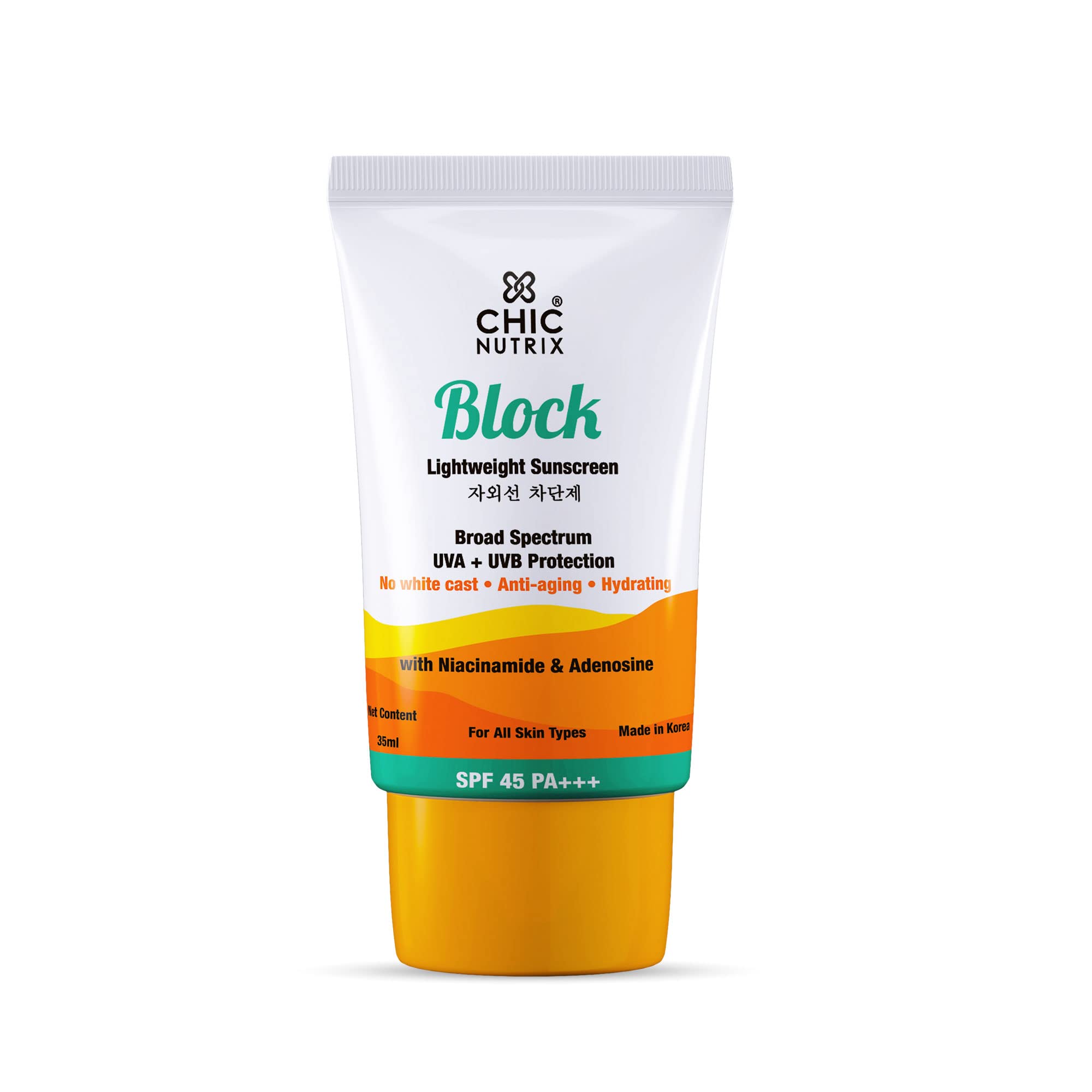 Chicnutrix Block – Korean Water-Resistant Sunscreen SPF 45 & PA+++ with Niacinamide and Adenosine | No White Cast & Non-Greasy | Made in Korea for Indian Skin | Suitable for All Skin Types, 35ml