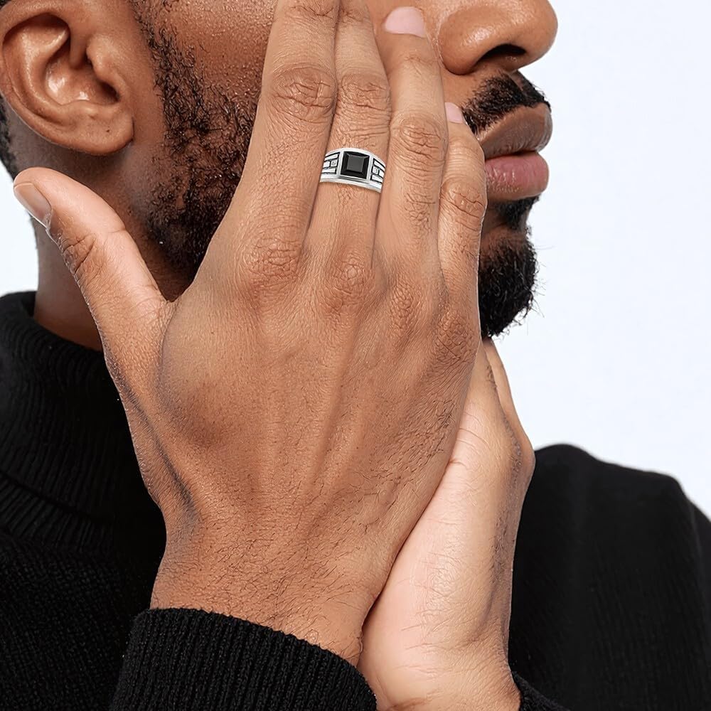 IceCarats 14K Solid White Gold Black Onyx Diamond Accent Wide Statement Signet Ring 8mm Band Prong Set