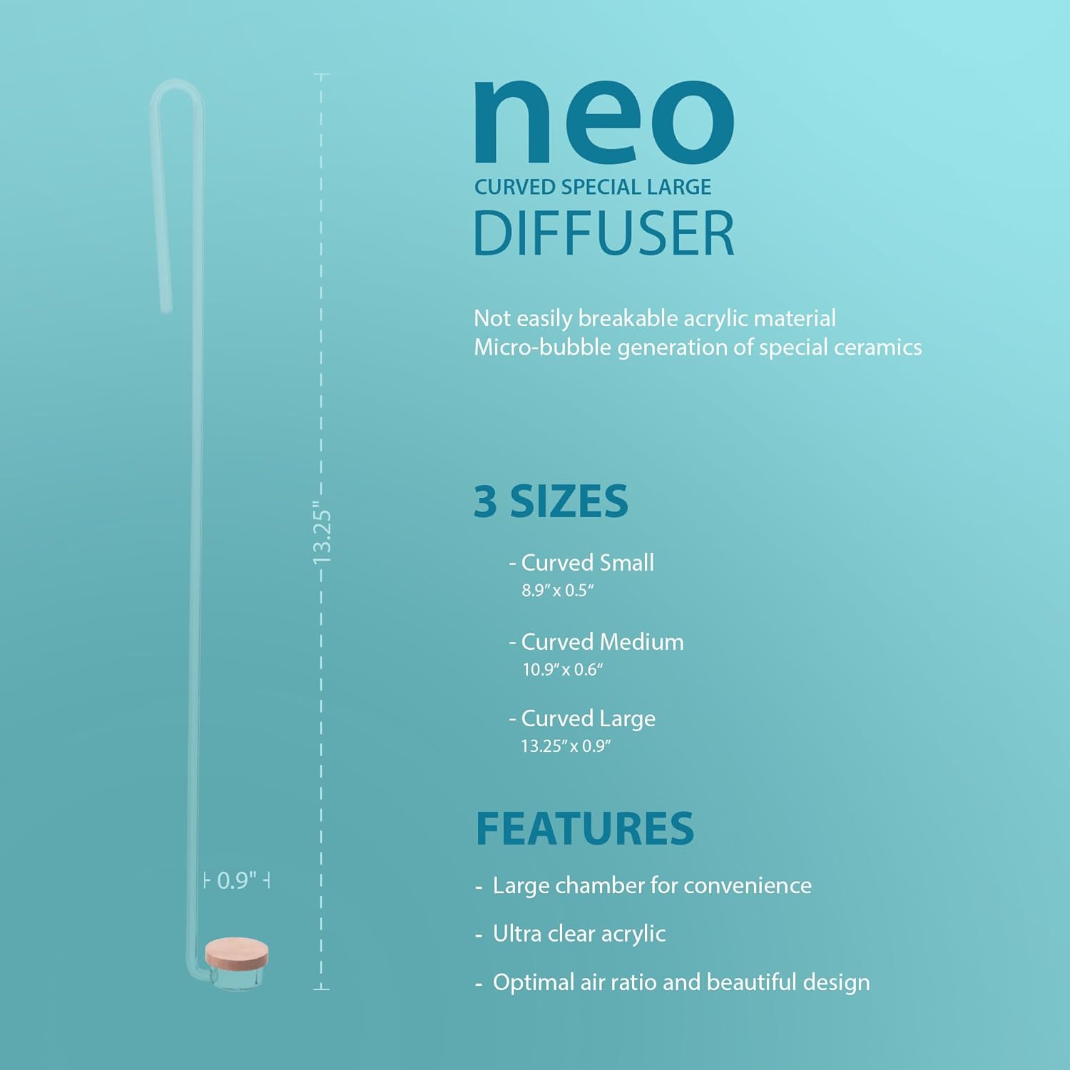 Neo CO2 Aquarium Diffuser - CO2 Diffuser Aquarium Kit, Fine Mist Oxygen for Fish Tank, CO2 Diffuser for Aquarium Plants, CO2 System for Aquarium - Curved Special Diffuser, Large