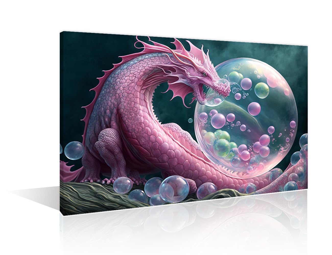 TISHIRON Beautiful Pink Dragon Poster Canvas Wall Art Dragon Color of Bubble Gum Blowing Poster Artwork Pictures Wall Art 1 Panel Colorful Dragon Posters and Prints Framed Ready to Hang 24" Wx36 H
