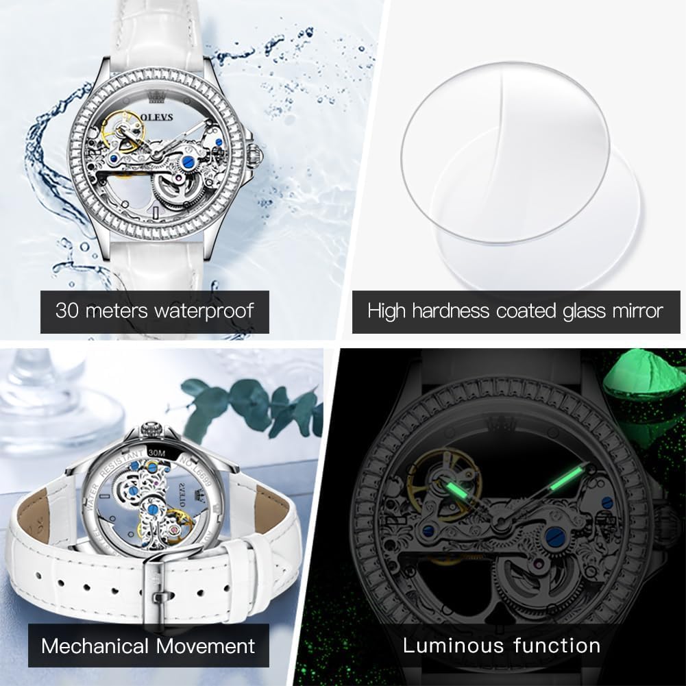 OLEVS Automatic Womens Watches Mechanical Diamond Skeleton Luxury Dress Stainless Steel Silver/Rose Gold Waterproof Luminous Ladies Wrist Watches Gift Set