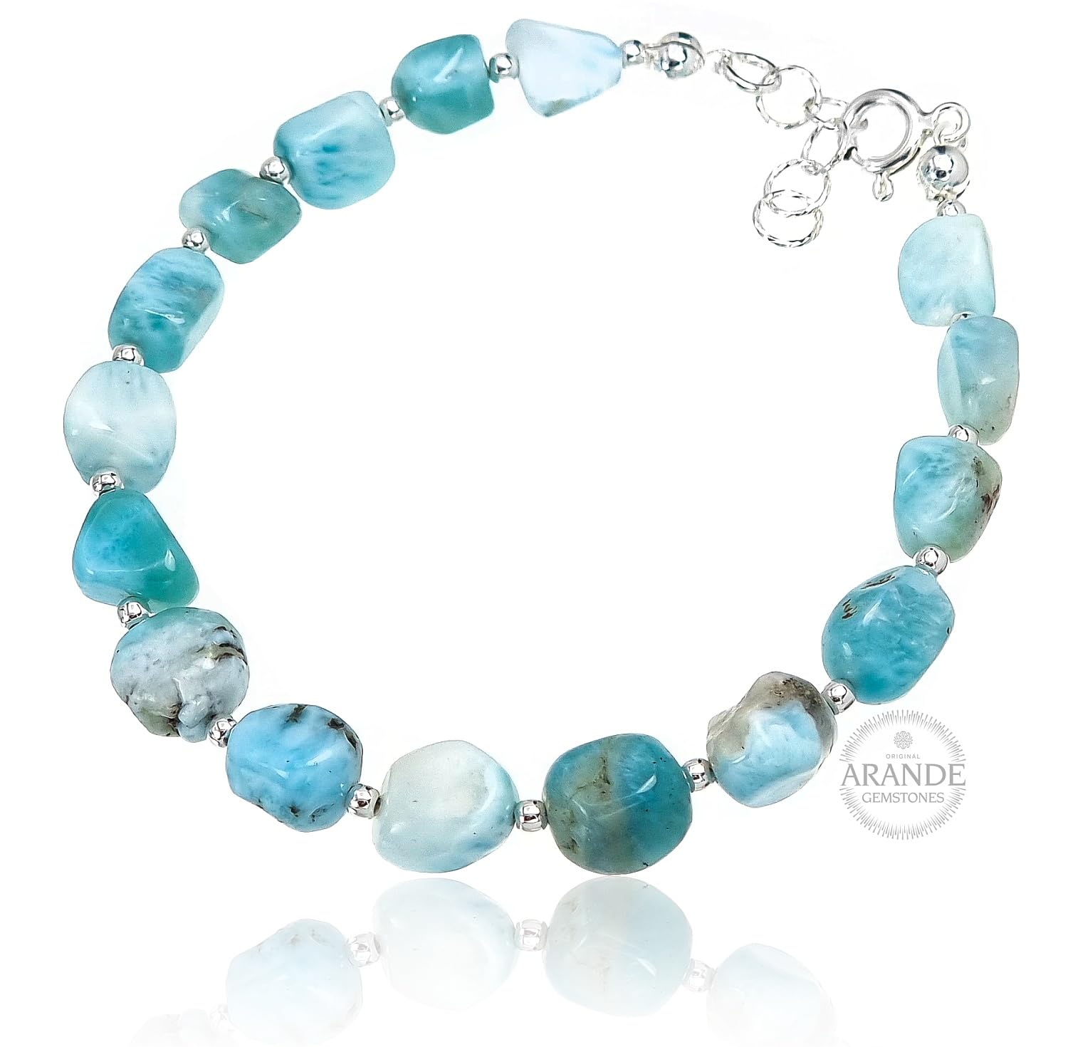 ARANDE, Bracciale originale Larimar con pietre naturali, realizzato a mano, in argento 925, lunghezza regolabile, Eine Grösse, Argento, Larimar