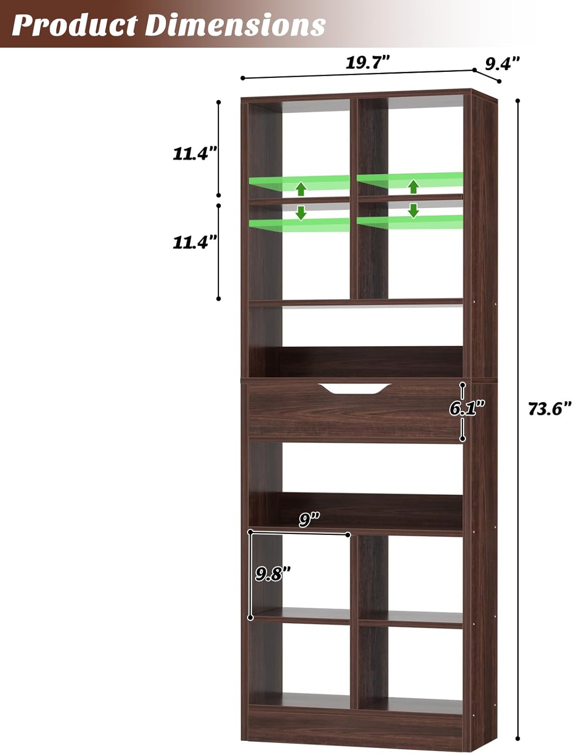 Armocity 8-Tier Tall Bookshelf with Drawer, 73.6" Narrow Freestanding Bookcase, Space-Saving Wood Display Shelves Storage for Living Room, Home Office Bedroom, Black Walnut