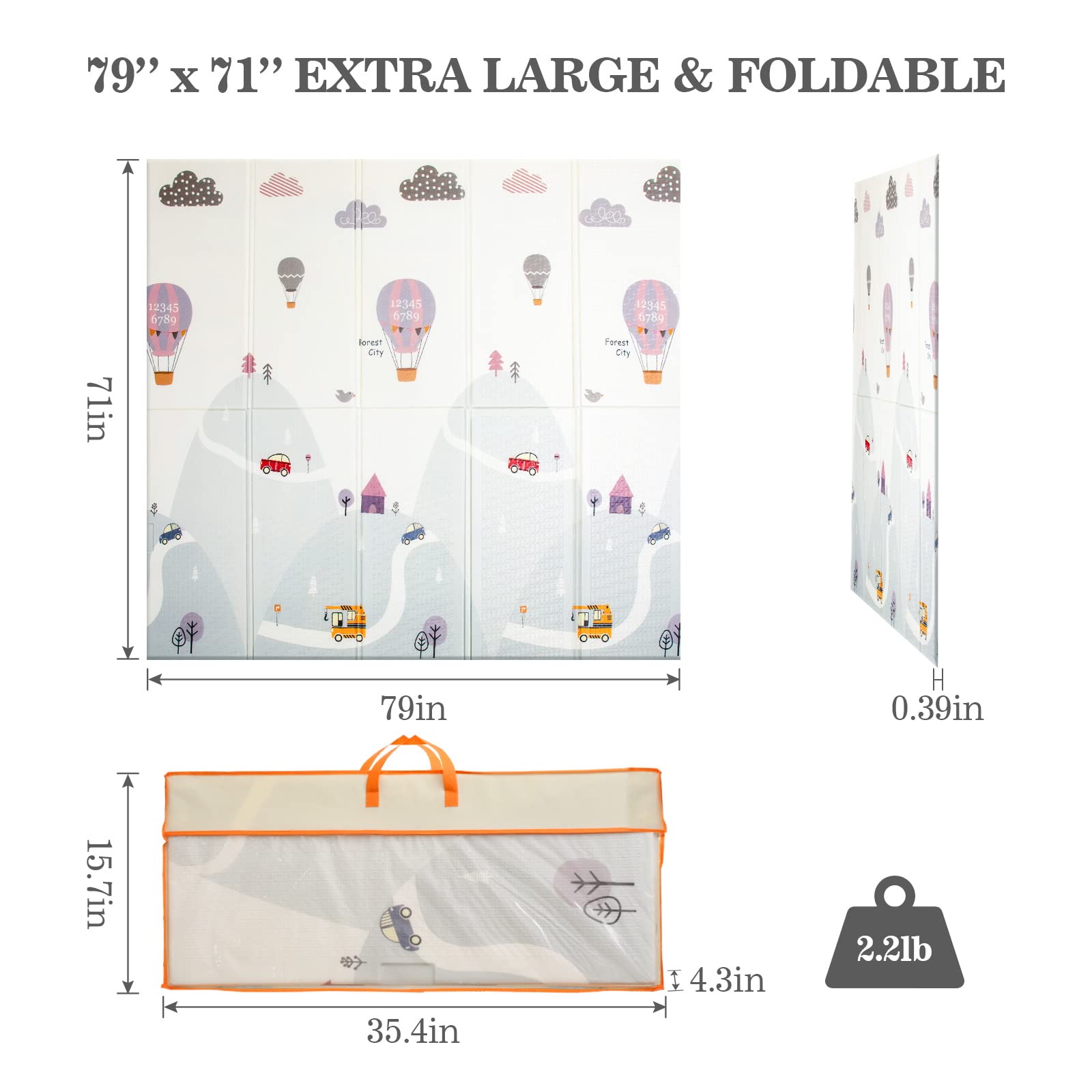 Baby Play Mat for Floor 79" x 71", Waterproof Foldable Playmat for Babies & Toddlers, Large Foam Play Mat for Kids, Reversible Soft Baby Mat for Crawling & Tummy Time Indoor Outdoor