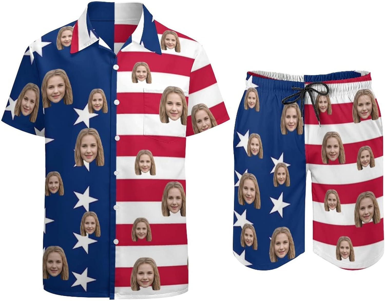 Custom Face Men's 2 Piece Flower Shirt Hawaiian Sets American Flag Printed Casual Button Down Short Sleeve Shirt Beach Gift