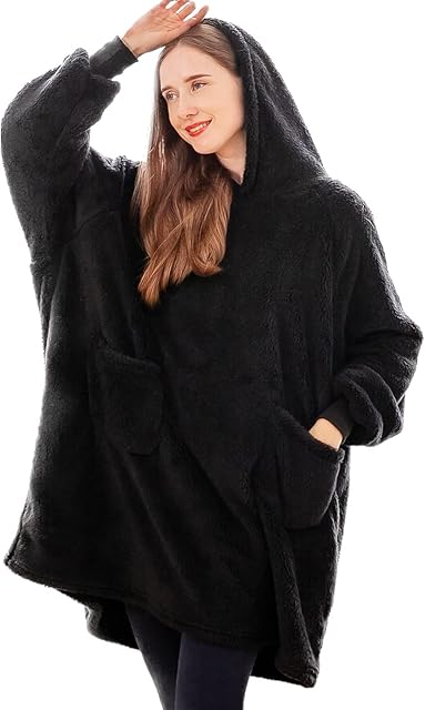 Aisbo Wearable Blanket Hoodie Warm - Fluffy Teddy Fleece Sweatshirt Blanket Black Cosy Oversized Hoody Blanket for Adults Men Women Teens Friends