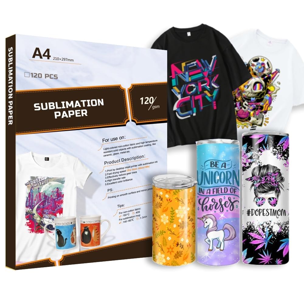 Sublimationspapier A4, Sublimation Paper 120g/m² für Baumwolle Metall Keramik Glass, 120 Blatt Kompatibel mit Inkjet Drucker, Sublimationsdruckern Transferpresse Hitzepresse