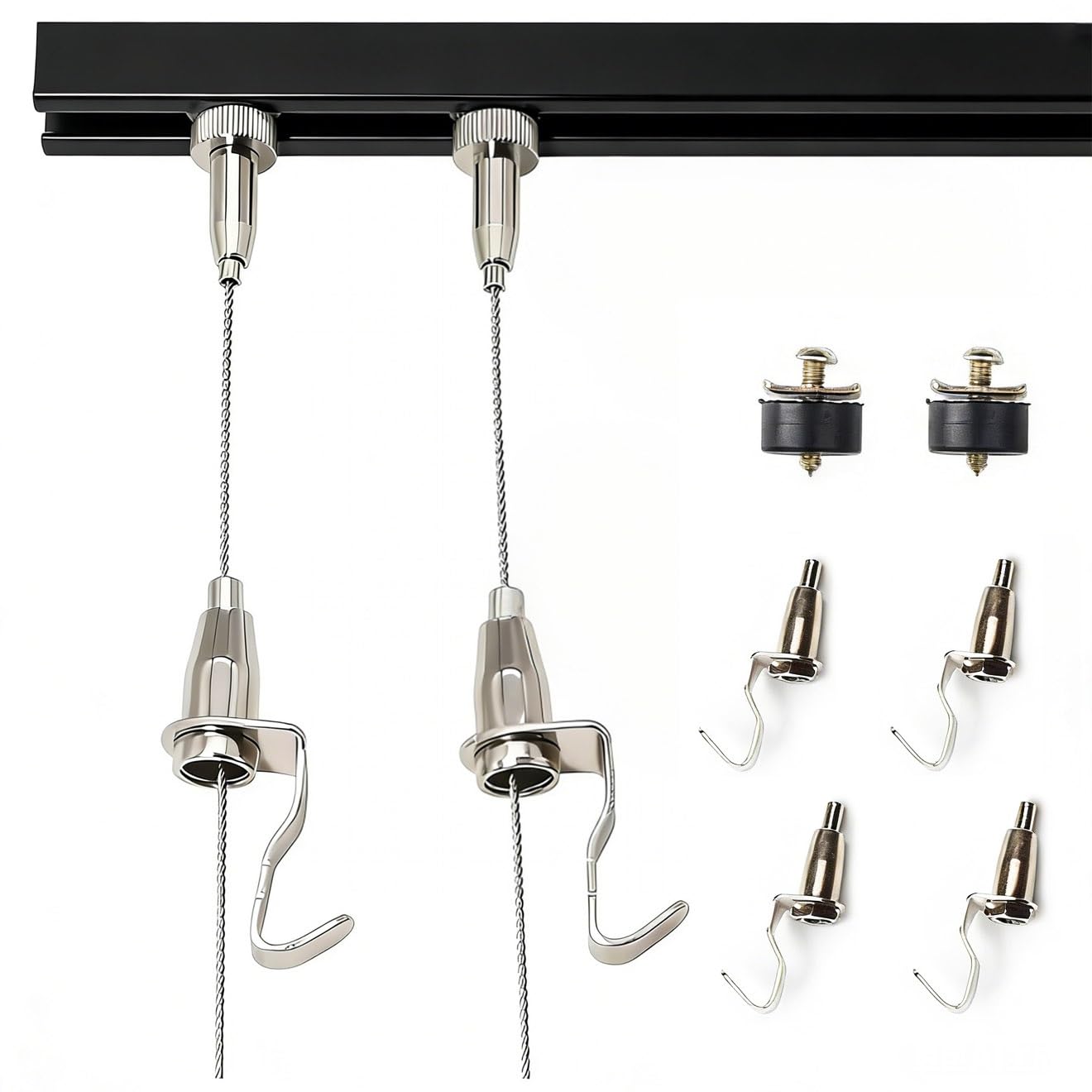 cuelga cuadros Rieles de cuadros con polea, L 40" 60", soporte exposición resistente móvil para galería, soporte colgación aluminio(Black 60" Rail,6.5′/2m Cord)