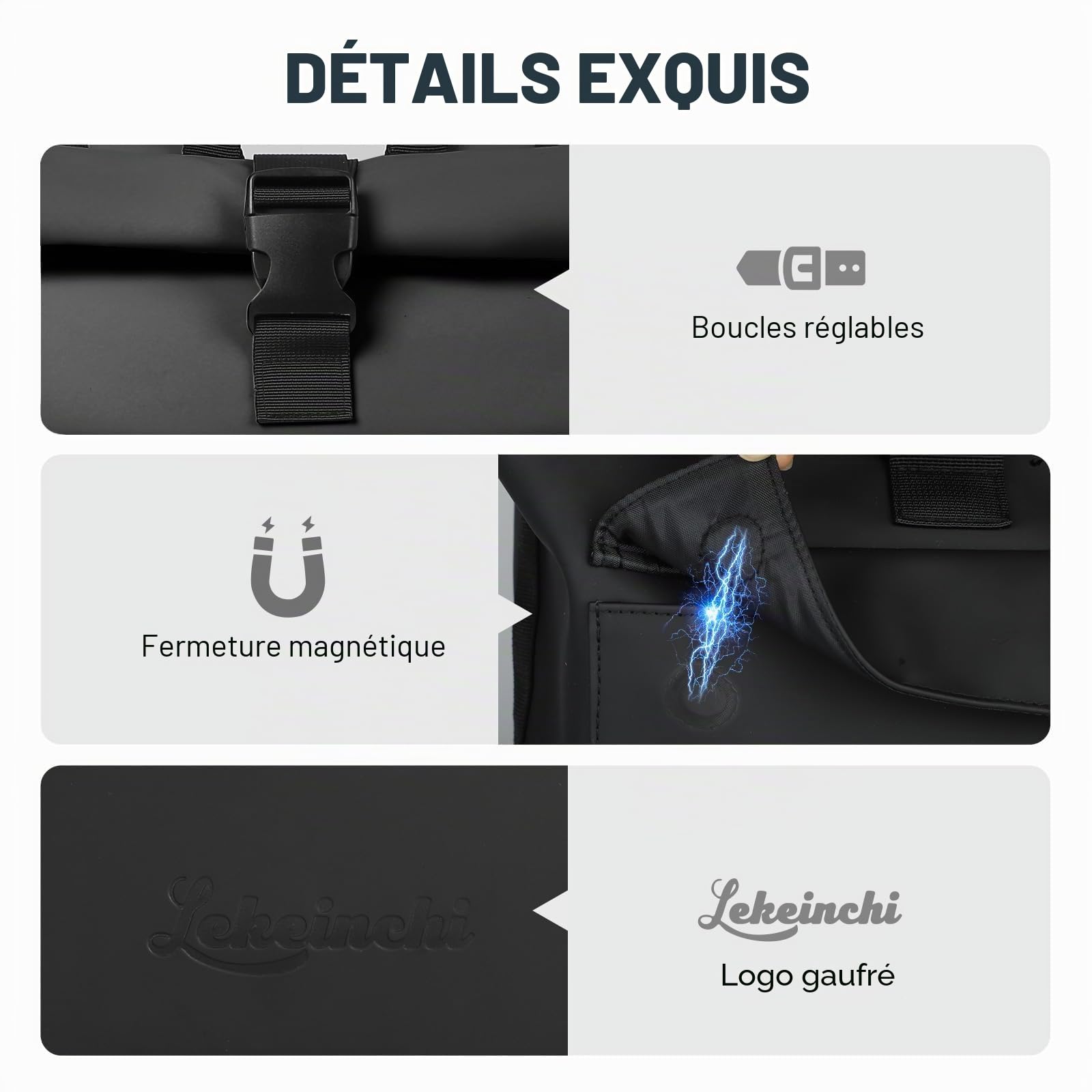 Lekeinchi Rolltop Sac à dos élégant pour ordinateur portable de 17 ", étanche, grand sac à dos de voyage, sac à dos d'école, pour les voyages, l'université, le travail