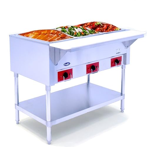 Atosa CookRite CSTEA-3C 3 Wells Calentador eléctrico de alimentos de tamaño completo con tabla de cortar de 7 pulgadas | Mesa de vapor Bain Marie