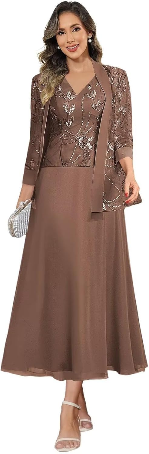3 Piece Mother of the Bride Dress for Women Sparkly Lace Chiffon Formal Dresses with Jacket Tea Length