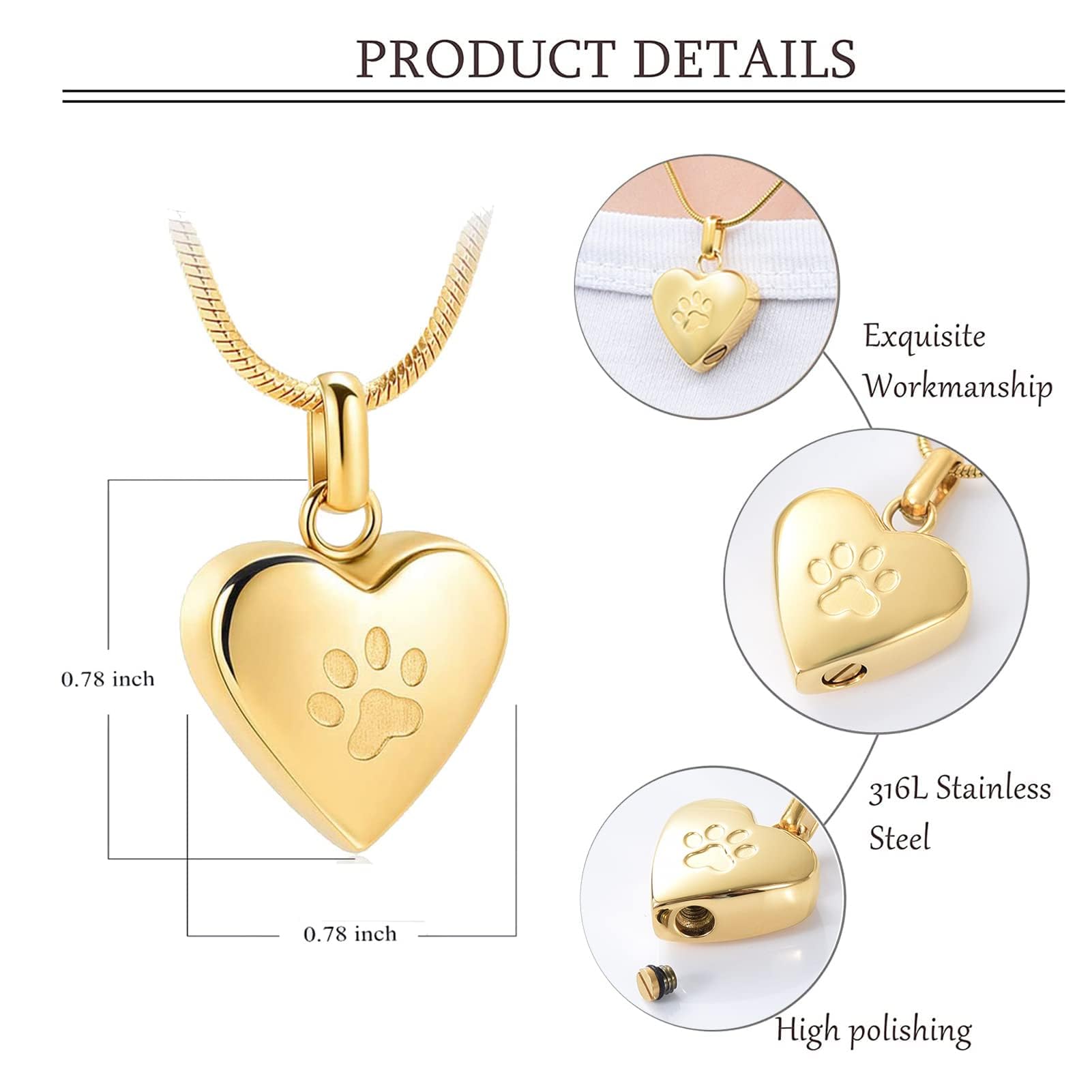 Pet Cremation Jewelry - Paw Print & Heart Urn Pendant Necklace Memorial Keepsake for Dog's & Cat's Ashes, Gold, 0.78 inch by 0.78 inch - Image 2