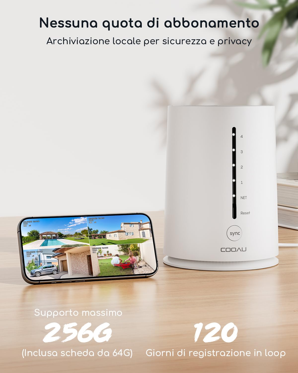 COOAU 4MP Telecamera Wi-Fi Esterno Senza Fili,Kit 4 Cam e Oannello Solare,Sistema di Sicurezza Domestica,360°,Visione Notturna a Colori,Rilevamento di Movimento,Nessun Canone Mensile,IP66,Cloud
