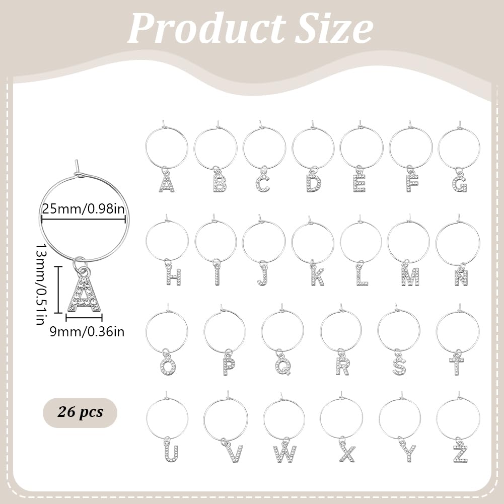 WEBEEDY 26 Pcs Silver Letter Wine Glass Markers Charms Wedding Shiny Rhinestone Wine Glass Charms for Stem Glasses Drink Wine Identifiers for Champagne Cocktail Goblet Parties Wedding Dinner - Image 2