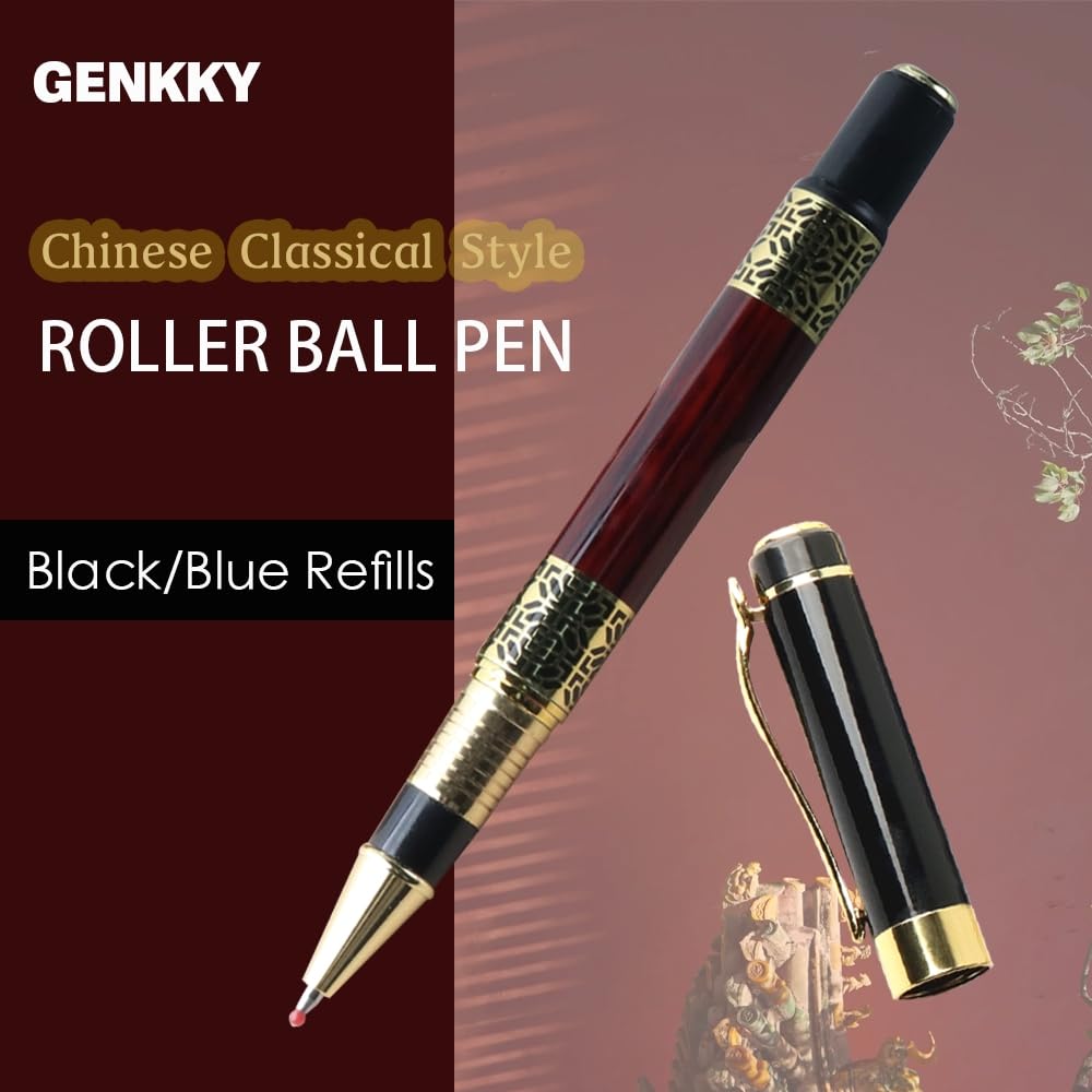 BIK Gelschreiber, Metallroller, chinesischer klassischer Stil, Kalligraphie, Schreiben, Unterschrift, Geschenk, Stift, Studenten, Schreibwaren, Büro (1 Stift - 5 Minen, Rot, Blau)