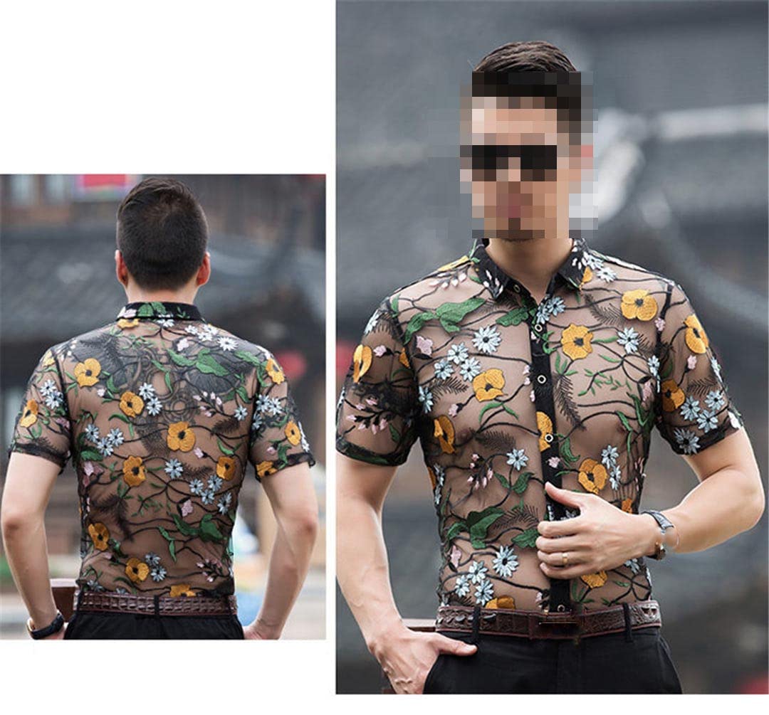 Deepsko Herren Transparent Hemd Sommer Hohlnetz Blumen Stickerei Spitze Kurzarm Oberteil