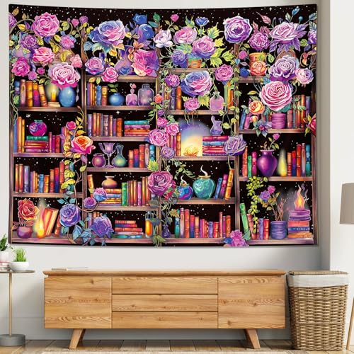 ARTCREATOR Bookshelf Pink and Purple Flower Tapestry Colorful Plants Tapestries for Bedroom Aesthetic Floral Wall Hanging Cute Girl Bedroom Decor (70" x 90") — view 3