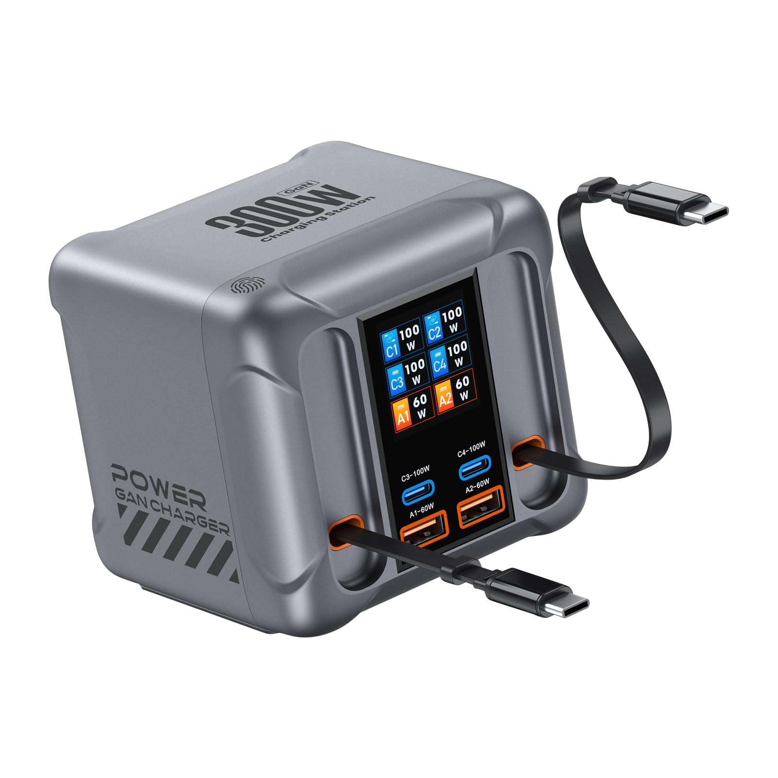 Caricatore USB C 6 in 1 e 300 W, display LCD, stazione di ricarica GaN ultra veloce (2 cavi + 2C + 2 A) Max PD100W/QC60W, caricatore multiplo USB, compatibile con iPhone 17/16/15, iPad, Android e