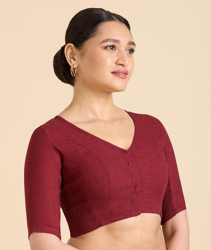 STUDIO Shringaar Women's Madras Handloom Cotton Side Stretchable (Smocked) Readymade Saree Blouse