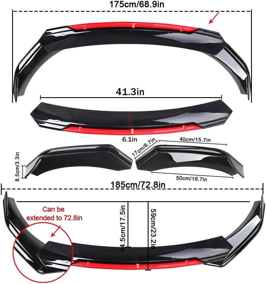 Black & Red Universal 69" - 73" Adjustable Car Front Bumper Lip Splitter Chin Spoiler Body Kit with 86.6" Side Skirt Extension Rocker Panel and Rear Bumper Lip Diffuser Compatible Most Vehicle
