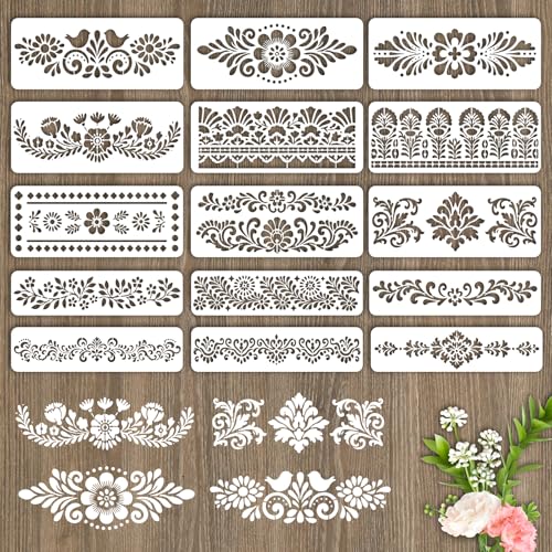 INFUNLY Lot de 15 pochoirs de peinture dentelle florale, muraux réutilisables, motifs art mexicain, bordures d'angle, travaux manuels