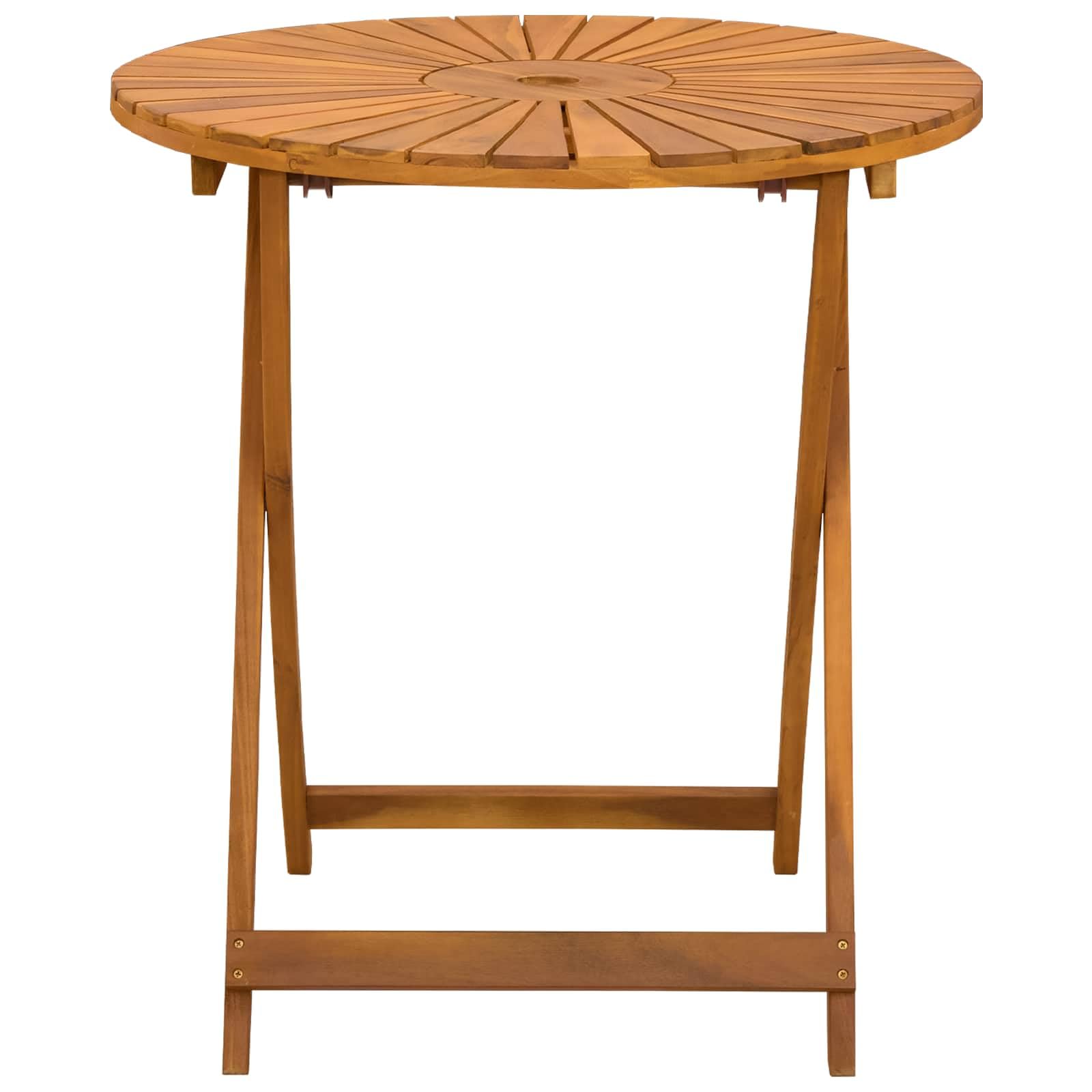 Tavolo da giardino pieghevole in legno di acacia massiccio naturale, rotondo, 70 x 75 cm, oliato, resistente alle intemperie, con foro per ombrellone e piano drenante dell'acqua, per