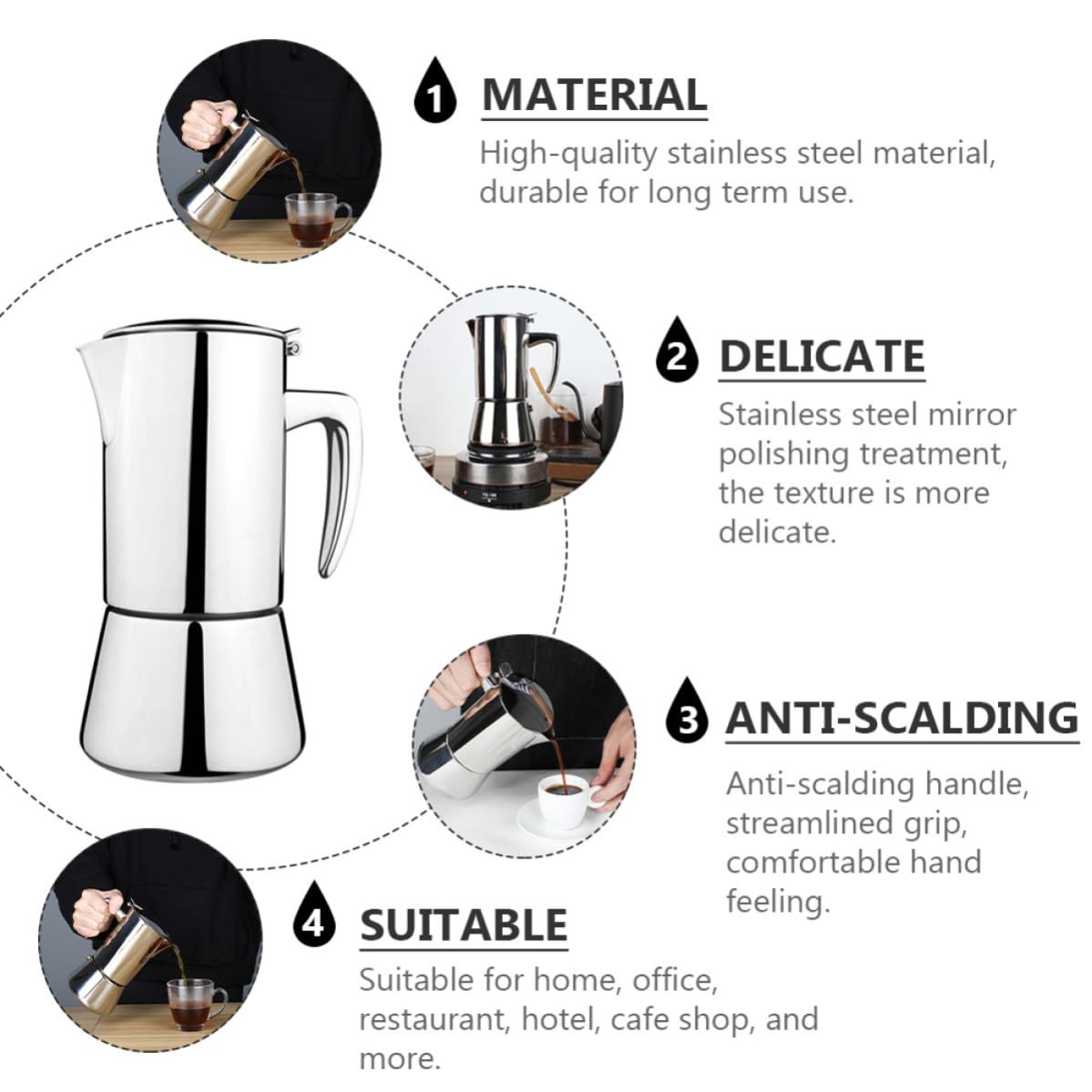Cafetera Espresso de Acero Inoxidable de 200ml Mango Ergonómico y Apta para Cocinas de Inducción Adecuado para Uso en Casa y Hotel