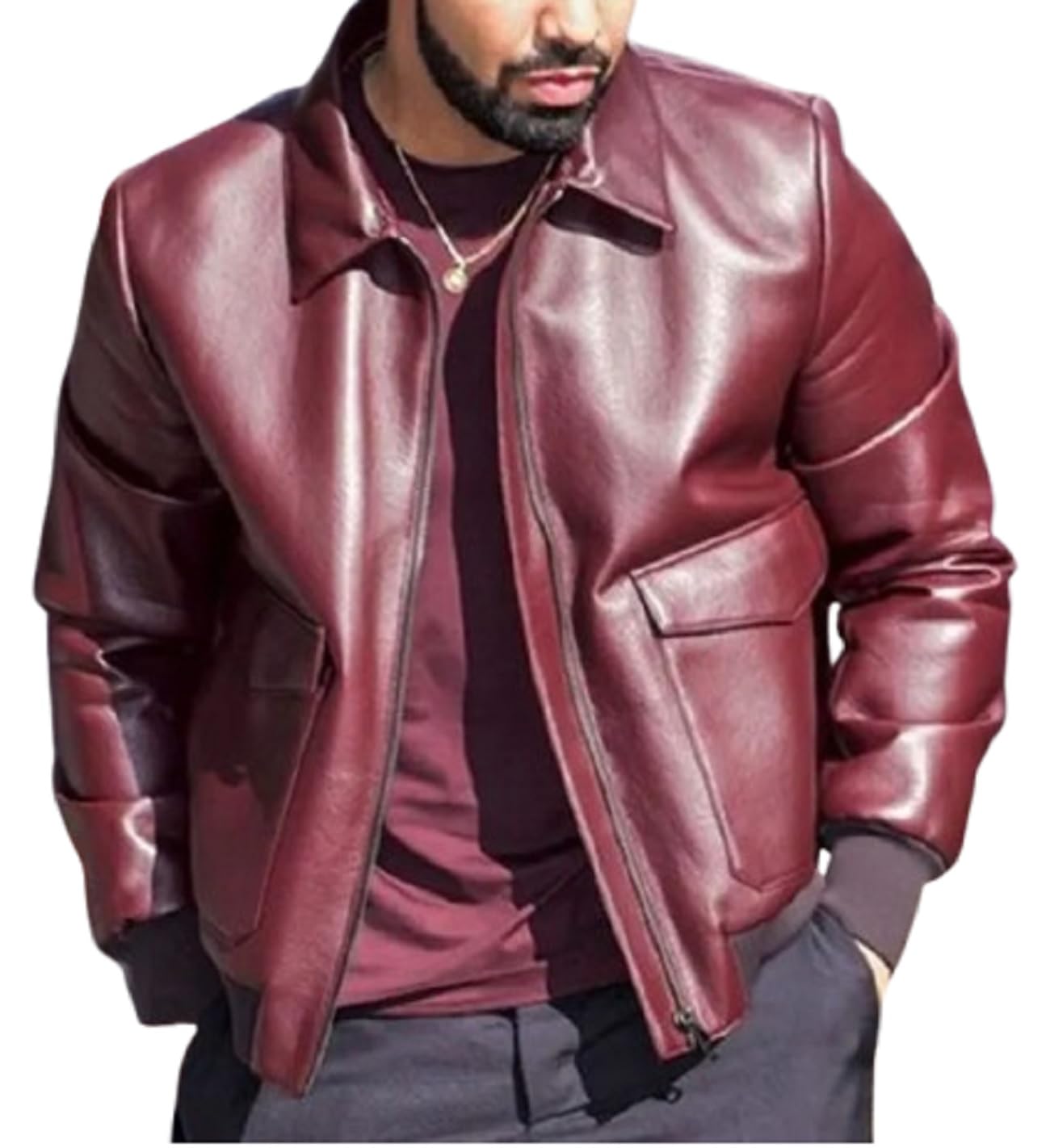 Chaqueta de vuelo clásica de cuero granate oscuro para hombre, puños acanalados, estilo bombardero