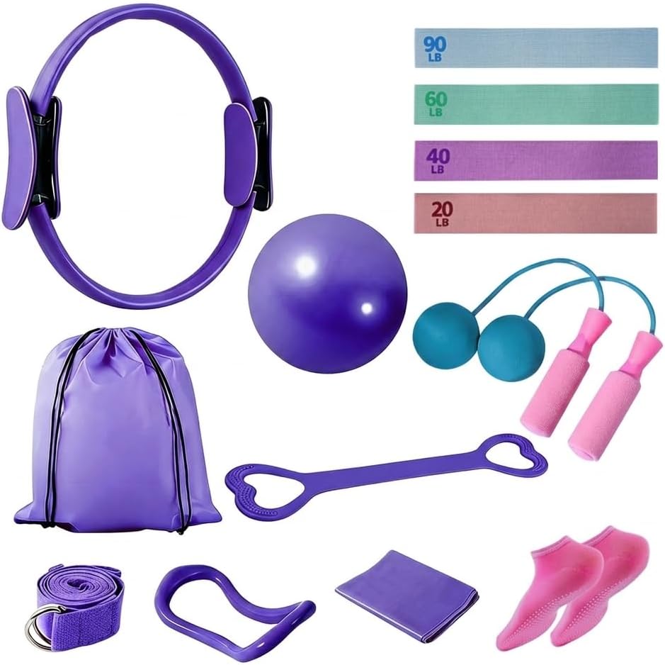 Home Pilates Kit for Women, Workout Set with 12.9″ Ring, 9.8″ Mini Ball, 4 Fabric Bands, Figure-8 Band, Stretch Band, D-Ring Strap, Cordless Jump Rope, Socks, Carry Bag Home Pilates Kit for Women, Workout Set with 12.9″ Ring, 9.8″ Mini Ball, 4 Fabric Bands, Figure-8 Band, Stretch Band, D-Ring Strap, Cordless Jump Rope, Socks, Carry Bag