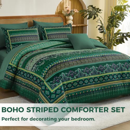 Image of Green Boho Comforter Set Full Size,8 Pieces Striped Bed in a Bag