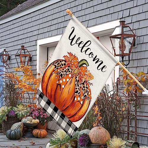 Hexagram Hello Fall House Flag, Vertical Double Sided Burlap Seasonal Autumn Buffalo Plaid Pumpkin House Flags, Fall Thanksgiving Harvest Rustic Yard Outdoor Decoration 28 X 40 Inch #TOP5